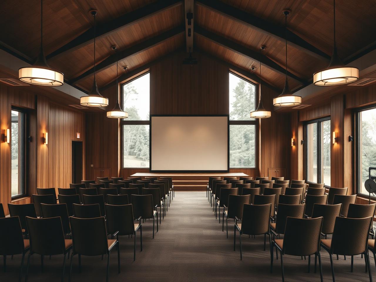Sala de palestras com janelas amplas e teto de madeira