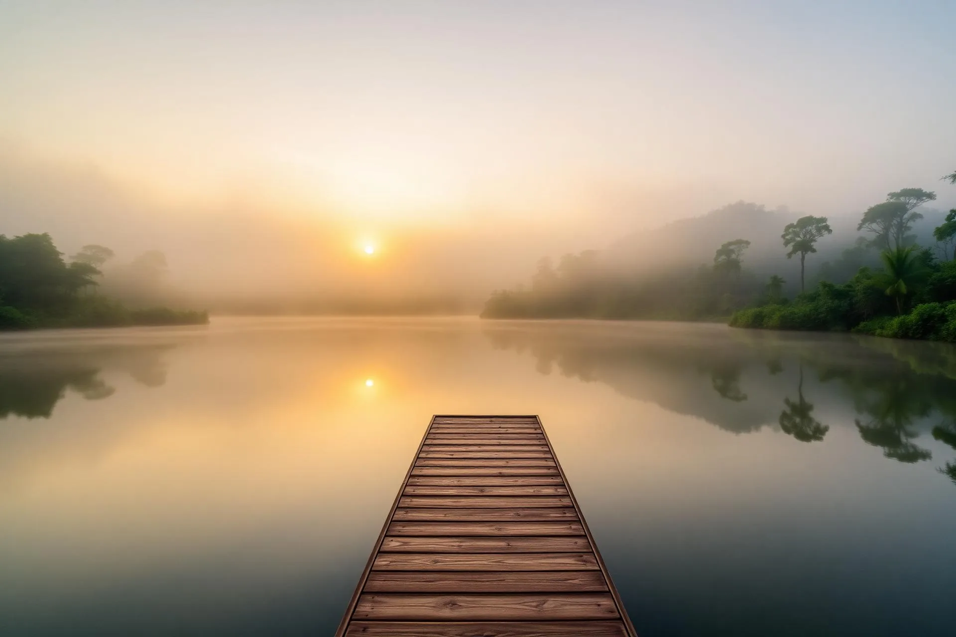 Deck sobre o lago ao amanhecer