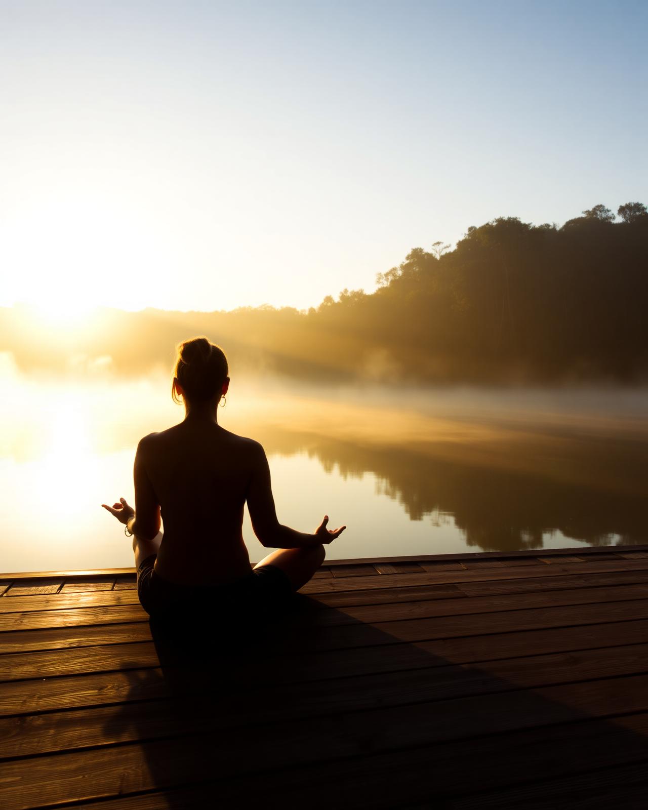 Silhueta em meditação no deck observador ao amanhecer