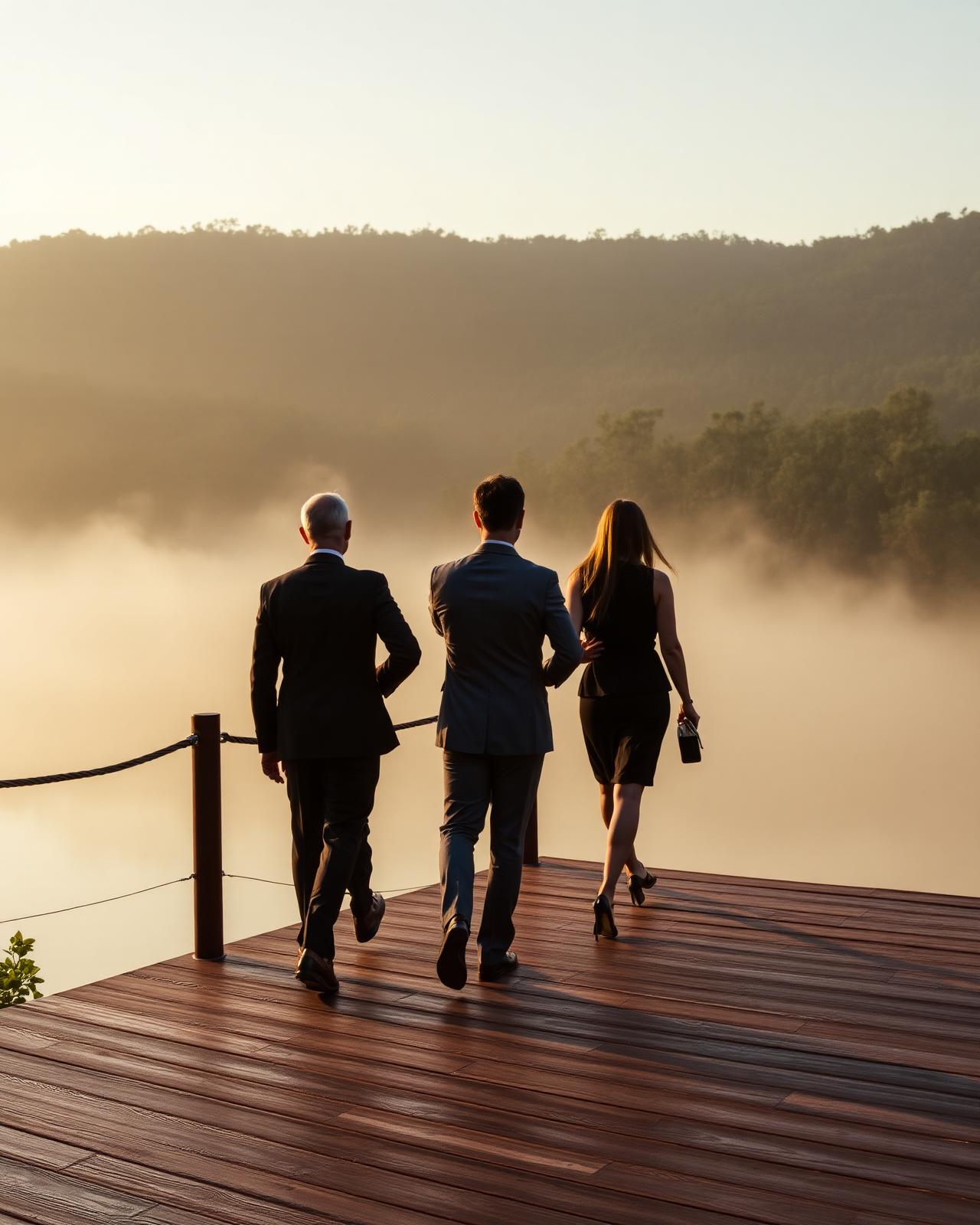Lideranças caminhando no deck sobre o lago ao amanhecer