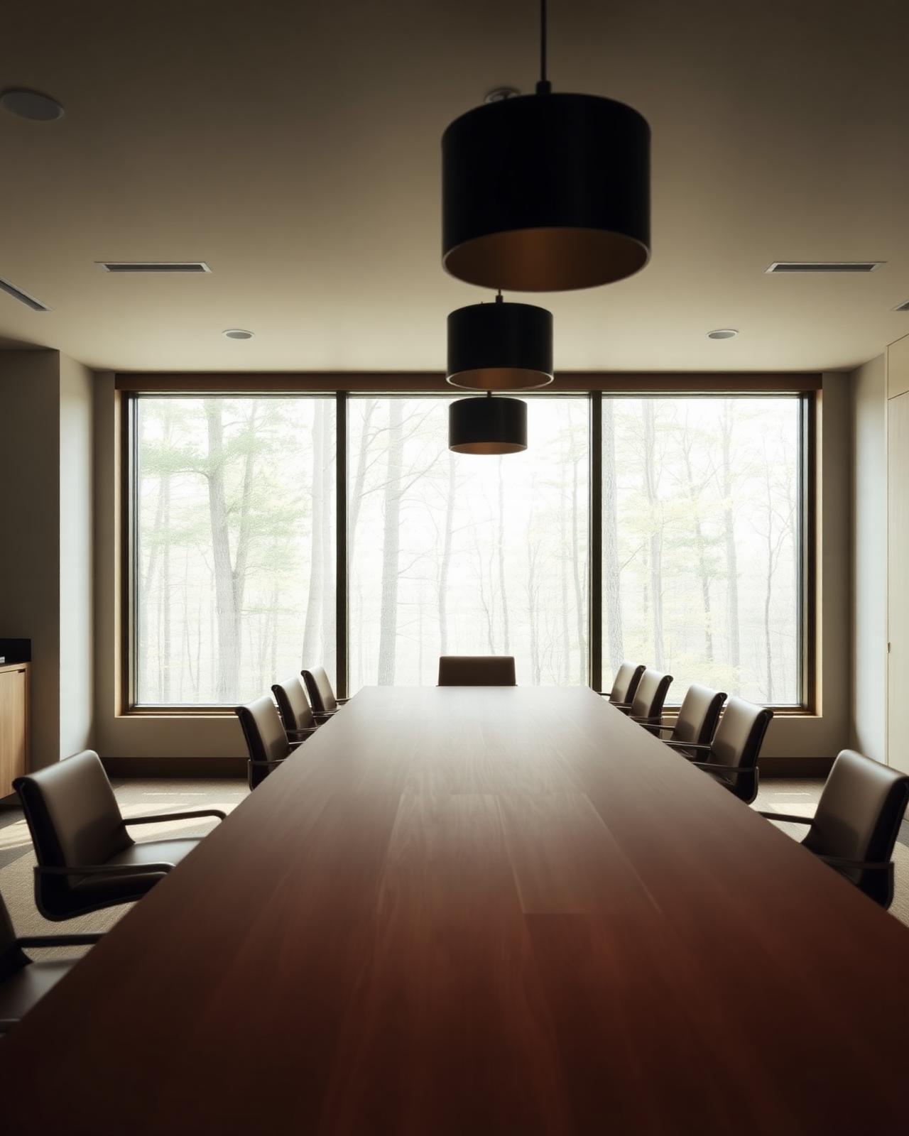 Sala de reuniões com luz natural enquadrando a floresta