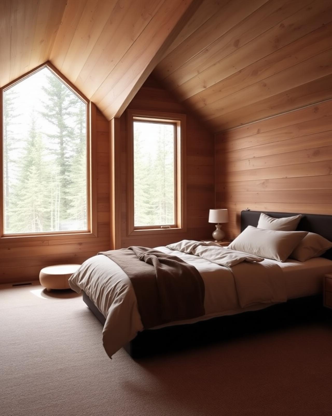 Interior do chalé com cama em linho e janela para a floresta